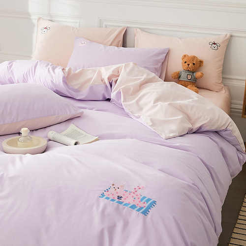 Cartoon Style 100% Cotton Long-staple Cotton Embroidery Four-piece Set All-season Soft Three-piece Set Cute Duvet Cover Bed Sheet Fitted Sheet Wholesale