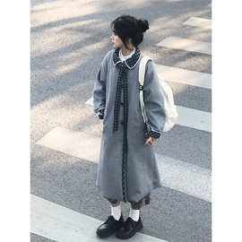 日系复古格纹加厚毛呢外套2024冬季新款高级感宽松显瘦呢子大衣潮