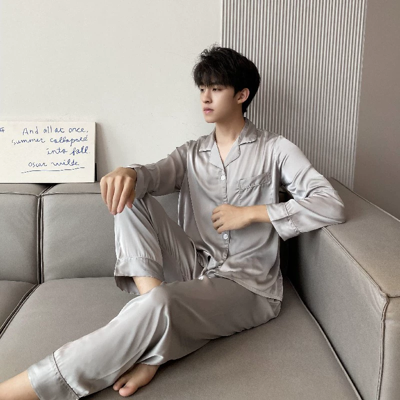Silk summer pijama, long-sleeve, trousers, high-quality style