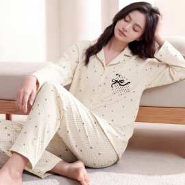 纯棉女士长袖长裤开衫睡衣秋全棉可外穿女生长袖卡通家居服双口袋