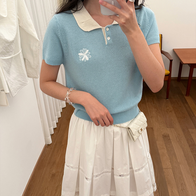 [Clearout No Returns] Fu Thirteen Lines Women's Spring Korean Daisy Embroidered Polo Short-Sleeved Sweater 962