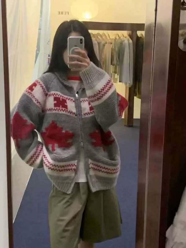 韩国复古提花拉链翻领毛衣外套女秋冬新款宽松休闲减龄针织开衫厚|undefined