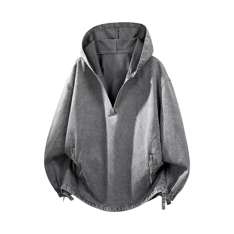 跨境欧码纯棉水洗牛仔外套男春秋季美式复古宽松休闲V领连帽夹克