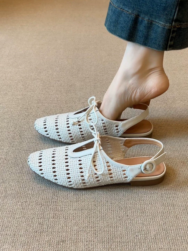 Женские сандалии из овчины ~ новые дышащие плетеные сандалии с вырезанным носком в стиле французского старого денег с однорядной пряжкой в римском стиле