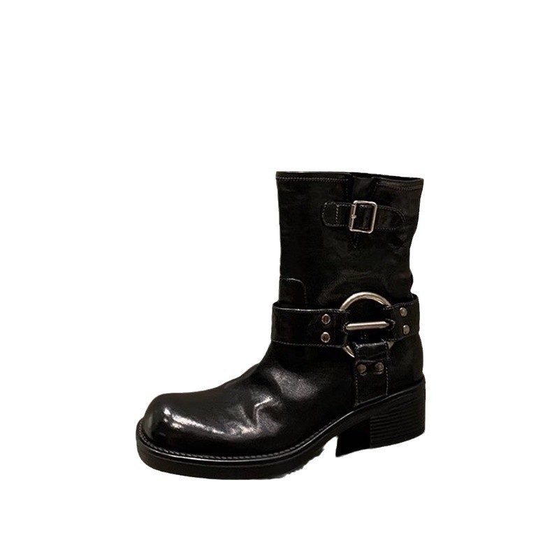 Botas cortas occidentales de cuero suave con hebilla metálica retro y tacón grueso para mujer, nuevas botas de motociclista estilo punk para otoño e invierno.