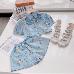 Women's Summer Set Fashion 2021 New Children's Summer Medium and Small Children's Girl Denim Jacket Two-Piece Set