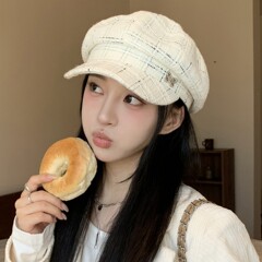 小香风蝴蝶八角帽子女秋冬季日常百搭鸭舌贝雷帽韩系格纹画家帽潮