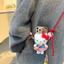 通用手机背夹hellokitty猫公仔毛绒斜挎绳可爱可调节挂绳卡通玩偶