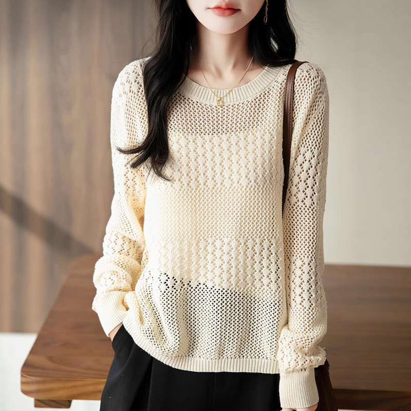 Cross-Border 2025 Early Autumn New Pure Cotton Round Neck Knit Sweater Long-Sleeve Women's Solid Color Loose Hollow Crochet Base Shirt