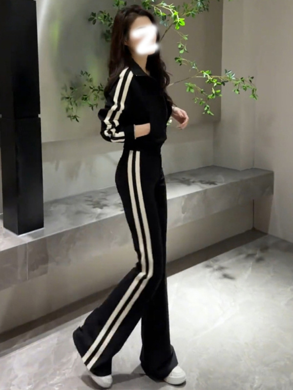 休闲运动套装女秋季新款小个子条纹时尚显瘦短款上衣阔腿裤两件套|undefined
