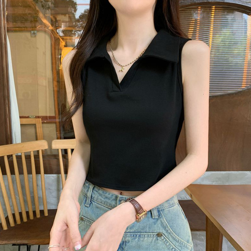 Black Polo Shirt for Women with a Tie Collar, Sexy Slim-Fit Off-Shoulder Short Sleeveless Pure Cotton T-Shirt Tank Top