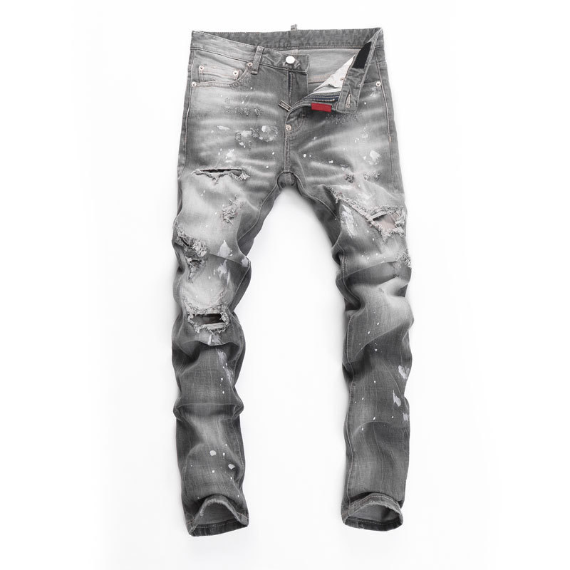 European and American high street fashion new gray ripped patch slim fit skinny fashion brand Youth casual men's Denim trousers European and American high street fashion new gray ripped patch slim fit skinny fashion brand Youth casual men's Denim trousers
