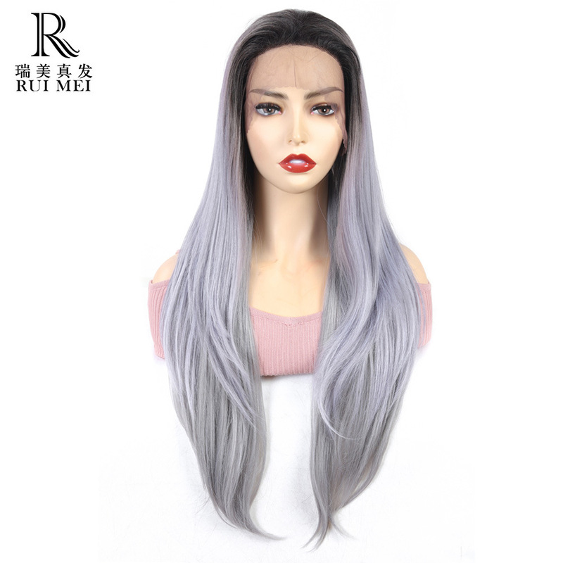 Gradient Purple 4*13 Front Lace Synthetic Wig Cap 27inch High Temperature Resistant Big Wave Wig Cap Suitable for Beginners