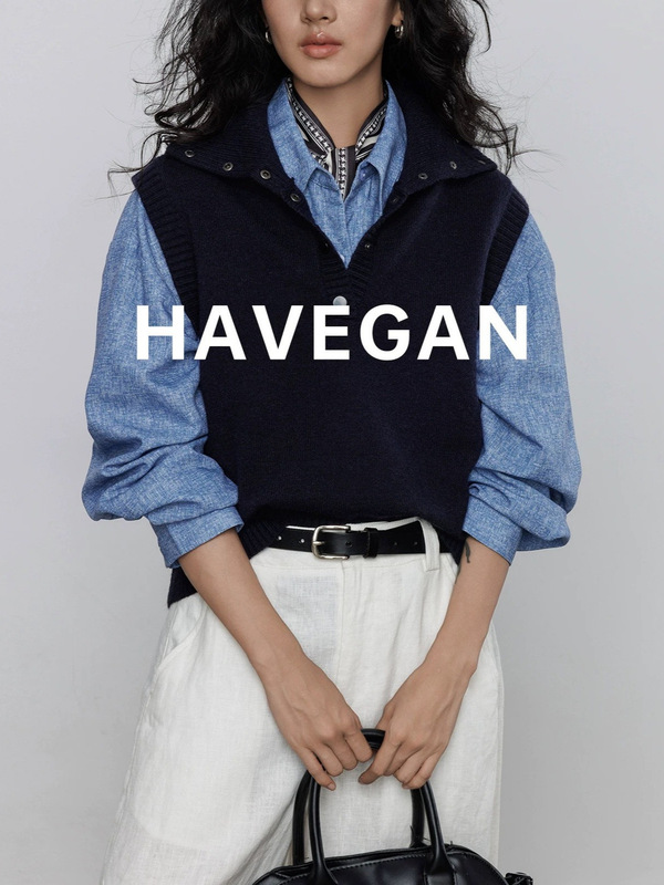 与间HAVEGAN/秋季翻领无袖针织毛衣背心女老钱风软糯马甲外穿上衣|undefined