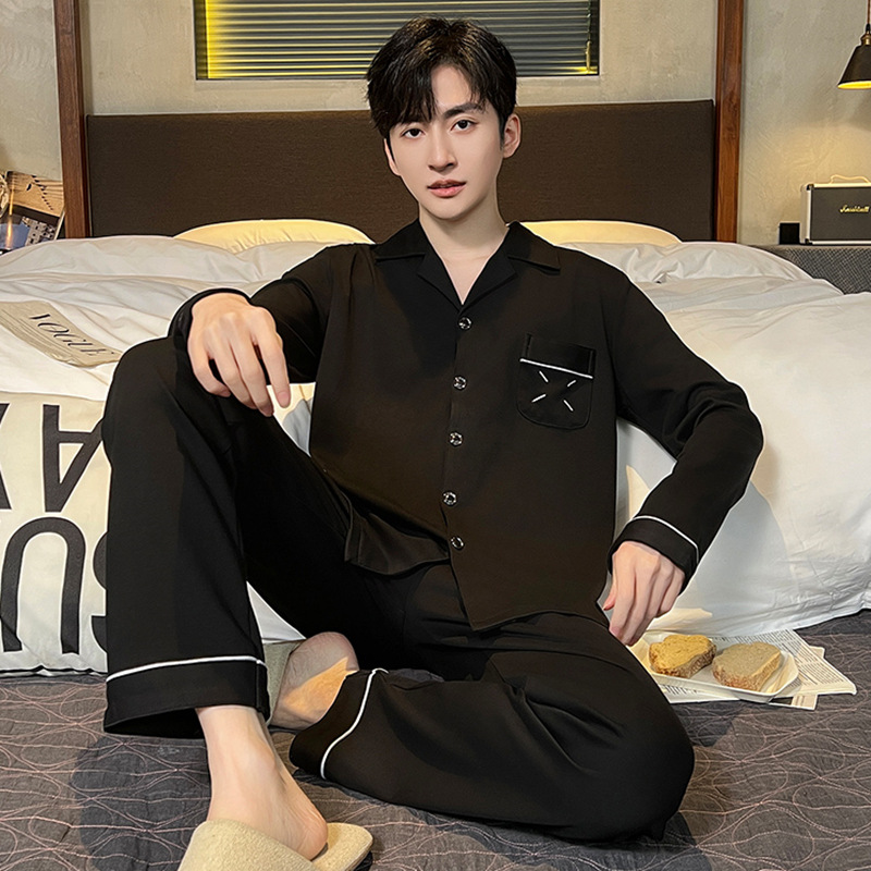 (2개) 봄과 가을면 니트 남성용 잠옷 세트 캐주얼 심플 패션 관대 한 긴 소매 바지 가디건 홈 의류