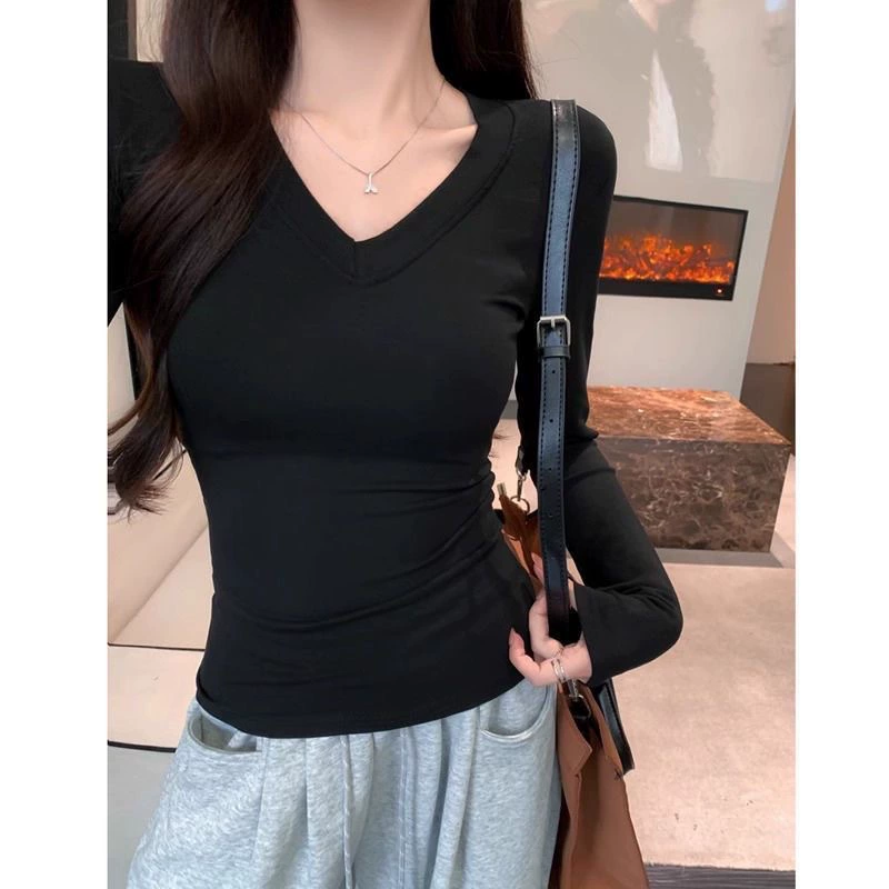 Velvet long‑sleeve V‑neck top, demi‑season, increased thickness, slim fit