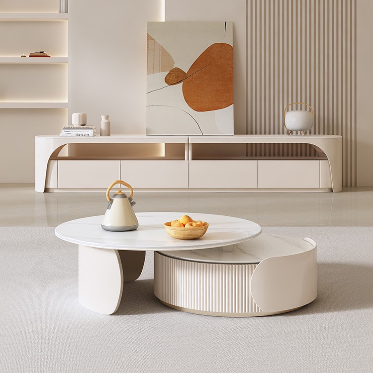 Mesa de té de estilo crema francés TV combinación sala de estar hogar simple moderno tamaño retráctil redondo diseñador mesa de té
