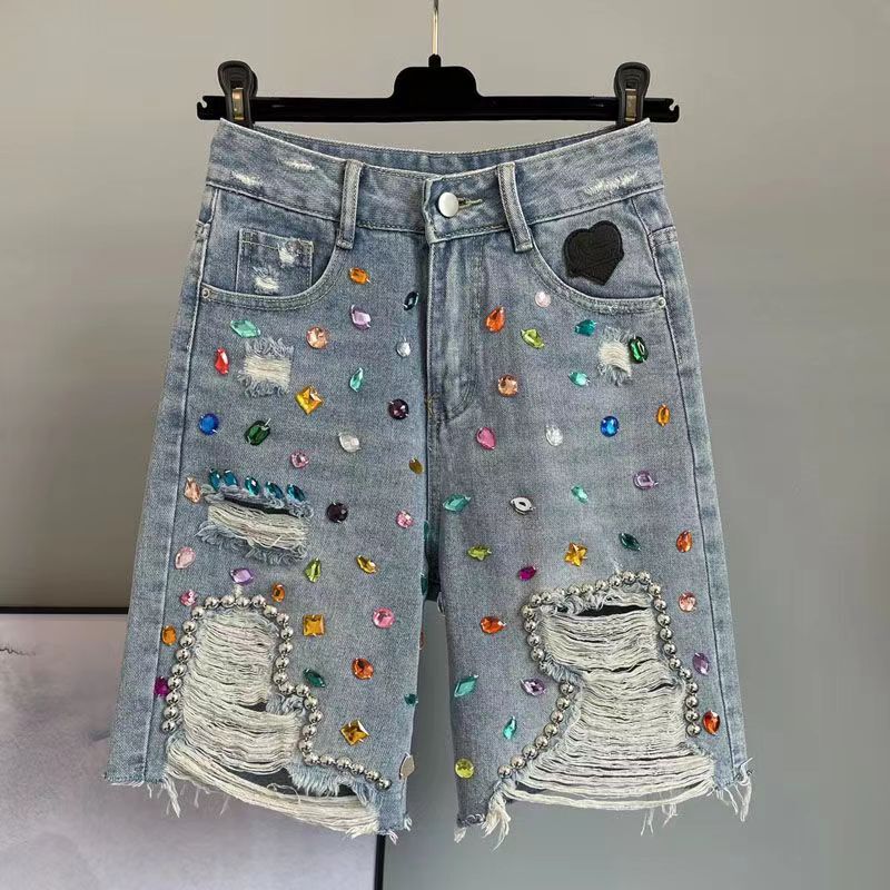 Trendy and Stylish Colorful Rhinestone-Studded Ripped Denim Shorts 2026 Summer New High-Waisted Loose Women's Shorts
