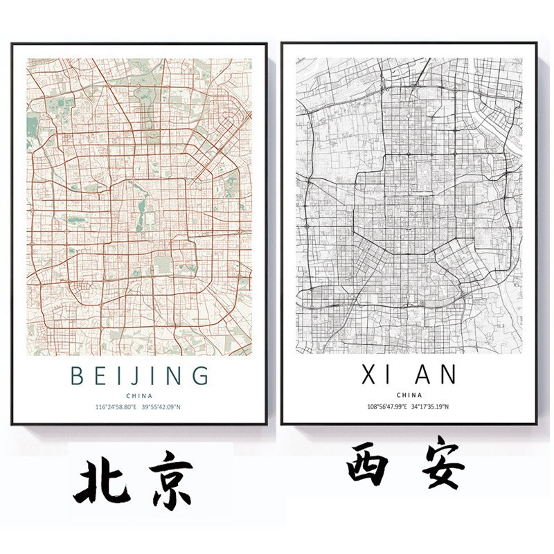 全国城市地图挂画简约线条北欧客厅背景地图装饰画玄关创意艺术画