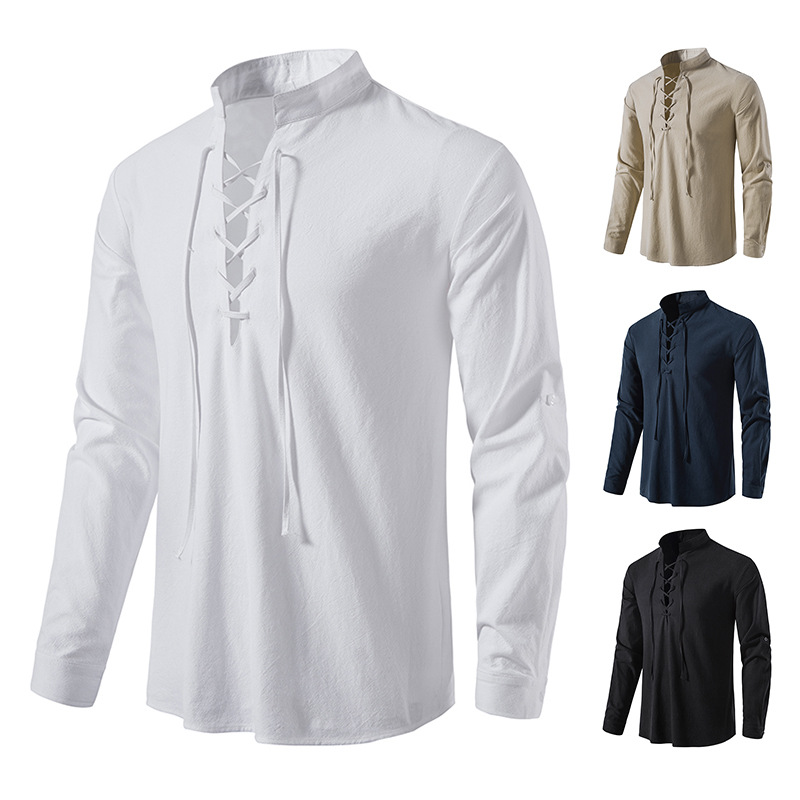 Amazon algodón y lino de los hombres Henley camisa de manga larga hippie casual playa soporte cuello camisa europea y americana transfronteriza camisa de cordón