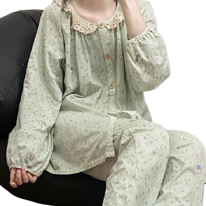 花边娃娃领带胸垫云朵棉睡衣女长袖春秋褶皱肌理感蕾丝家居服套装|undefined