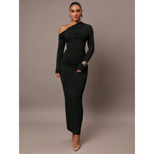 W 36346 Solid Slant Shoulder Dress ��ɫб�糤ȹ�羳����