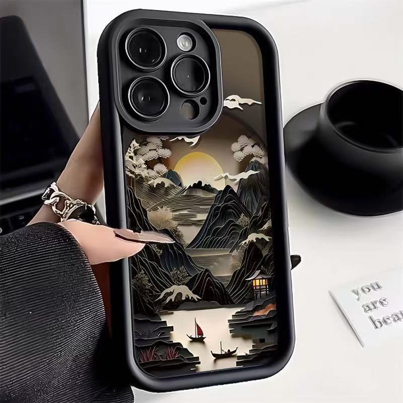 Pintura de montaña y mar para iPhone 16pro funda para teléfono móvil Apple 15 anti-caída 14 transfronterizo 13promax nuevo 12/11