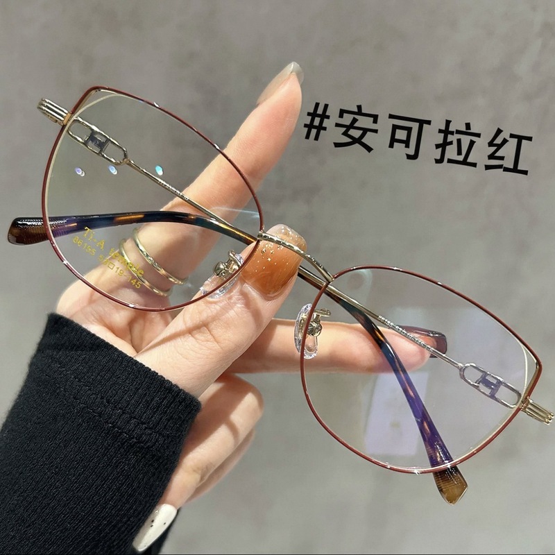 女性用デザイナー超軽量ゴールデンシルクキャットアイメガネフレーム、近視度付きハイエンドメタルアイフレーム|undefined