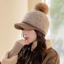 韩国毛球冬天帽子女保暖加绒针织毛线帽大头围显脸小高品质鸭舌帽