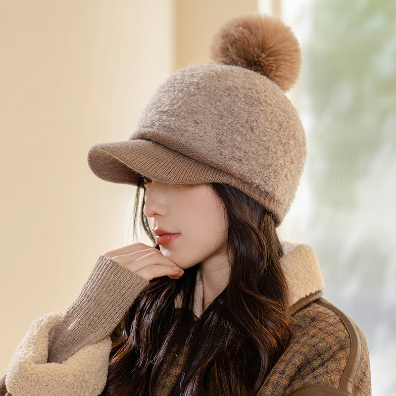 韩国毛球冬天帽子女保暖加绒针织毛线帽大头围显脸小高品质鸭舌帽