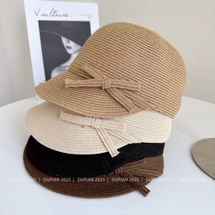 Simple fine paper braid equestrian hat for women summer sun protection straw hat exquisite bow peaked hat solid color sun hat trendy