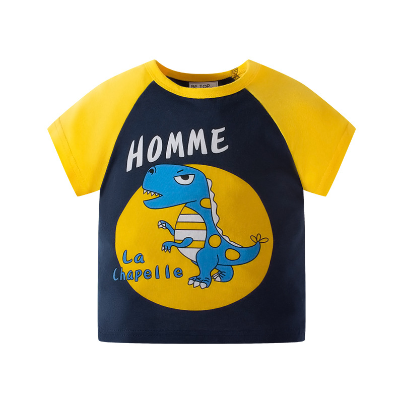 Camiseta de manga corta para niños nueva camiseta de verano de manga de dinosaurio de dibujos animados de estilo coreano superior de algodón de bebé de color a juego entrega de ropa