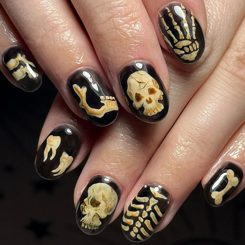 Cross-Border Halloween Nail Art, Wearable Nails, Skull and Bone Press-On Fake Nails, Horror-Themed Halloween Nail Pieces