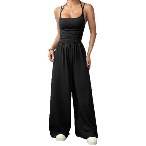 Women's wear double suspenders pure color slimming wide-leg jumpsuit sports yoga trousers European and American slim casual suit