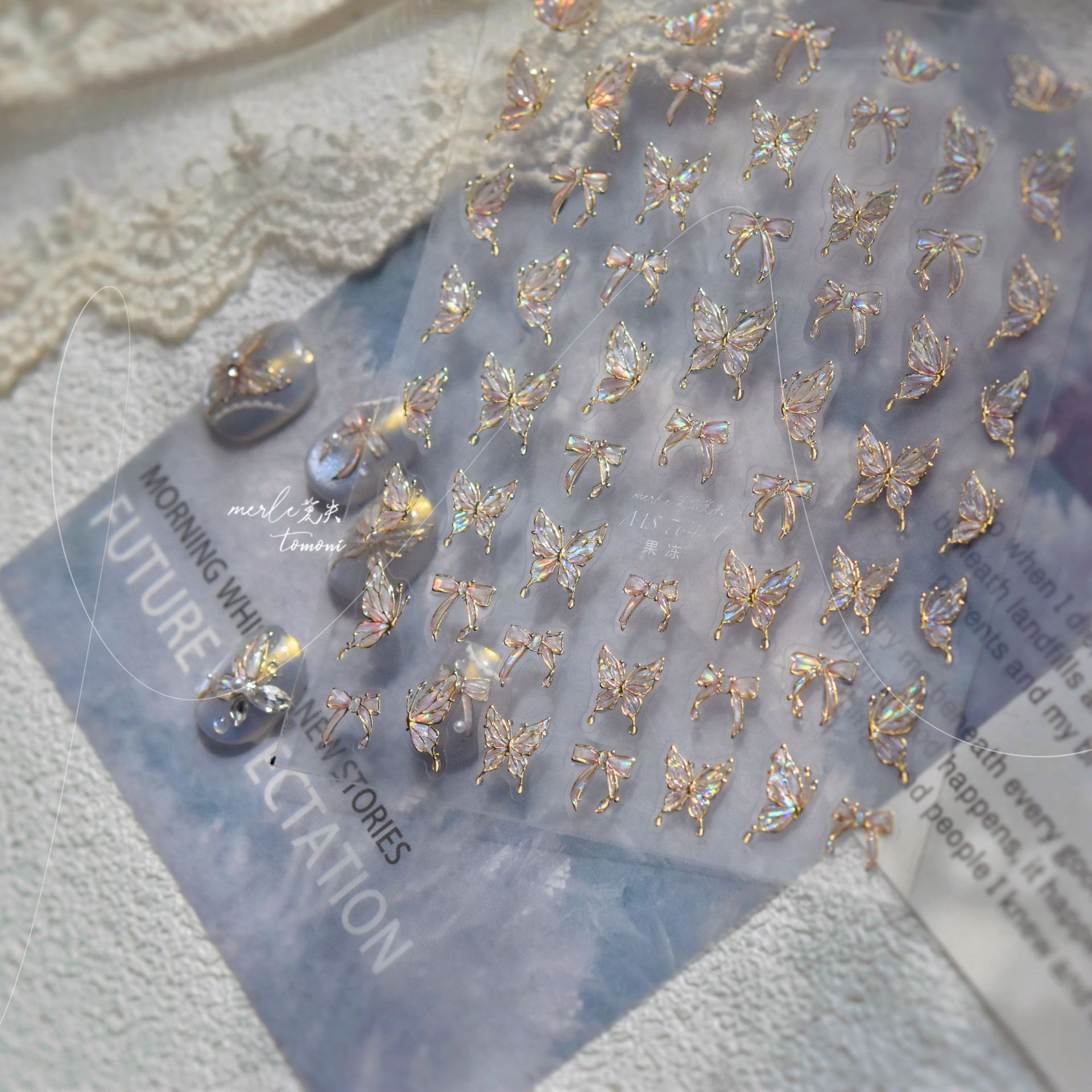 Nueva pegatina de mariposa de uñas Shell Light Light Luxury Estilo premium Mariposa de media ala viene con pegamento adhesivo para la decoración de uñas