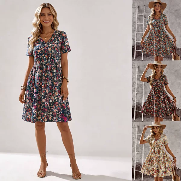 Amazon Summer Bohemian Dress Short Sleeve V-Neck Vacation Casual Cross-Border Women's Mid-Length Dress Printed