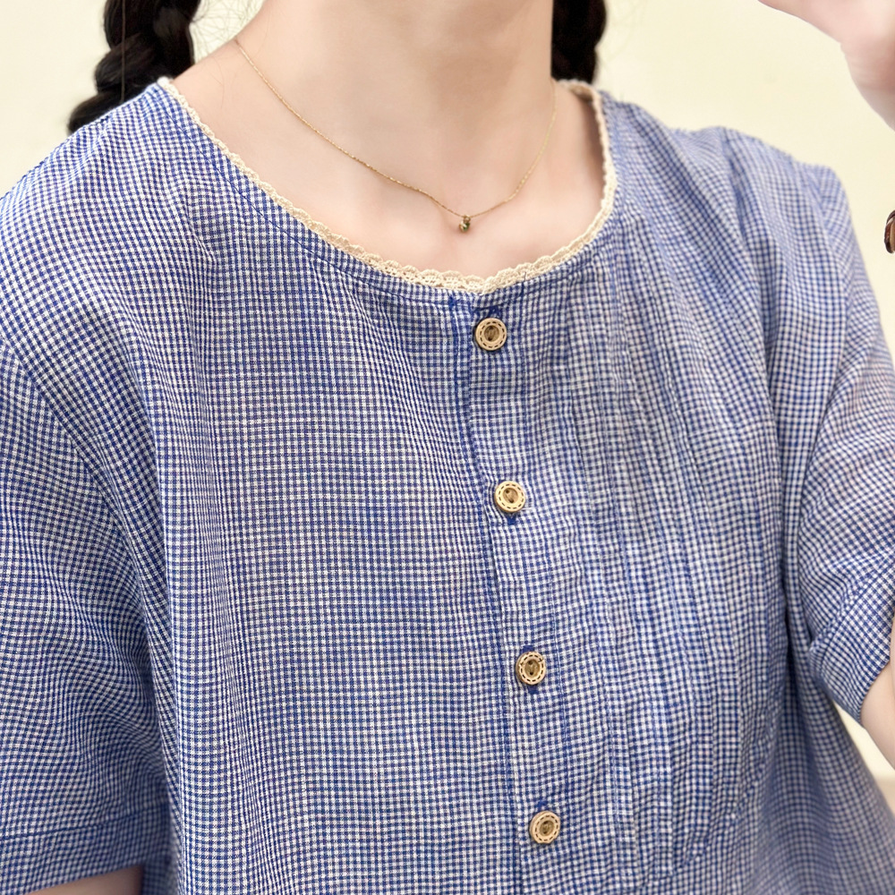 大码短袖衬衫棉质女宽松日系森系胖mm夏正肩边圆领遮肚娃娃衫