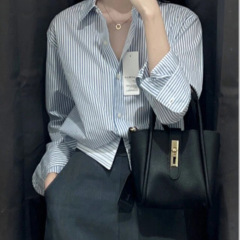 秋季衬衫女新款女内搭设计感气质显瘦小众Polo领蓝色条纹小衫2025