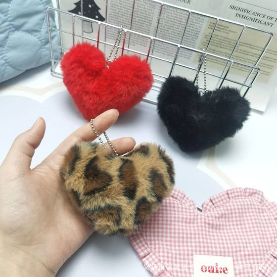 Rex Rabbit Fur New Leopard Love Bead Chain Pendant Plush Heart Girl Student Bag Decorative Heart Plush Play