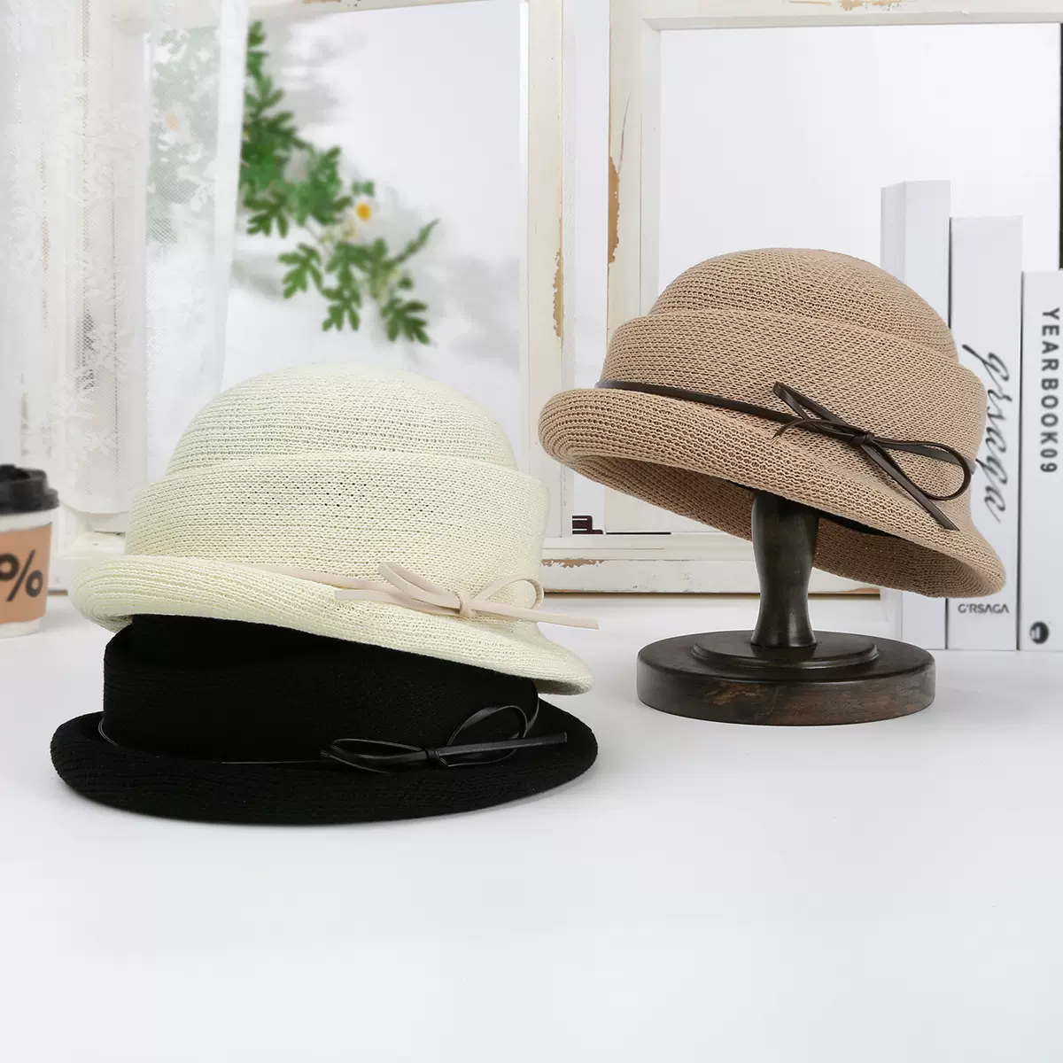 新款洋气优雅法式帽子女夏季皮带时尚小礼帽镂空透气赫本风渔夫帽