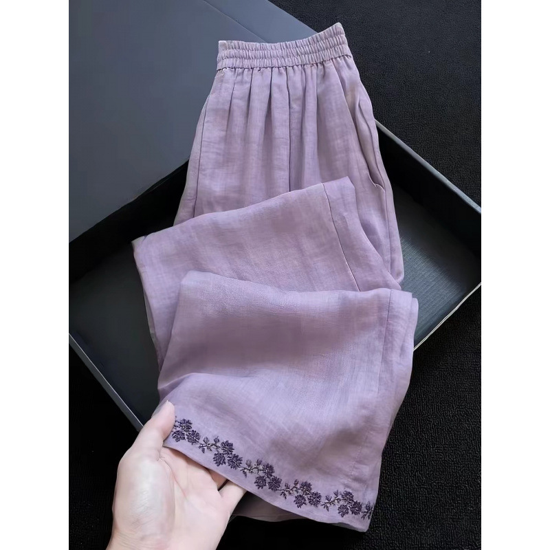 New summer style purple super stylish embroidered straight-leg pants for women, loose-fitting, slimming, versatile, with a unique design, casual pants