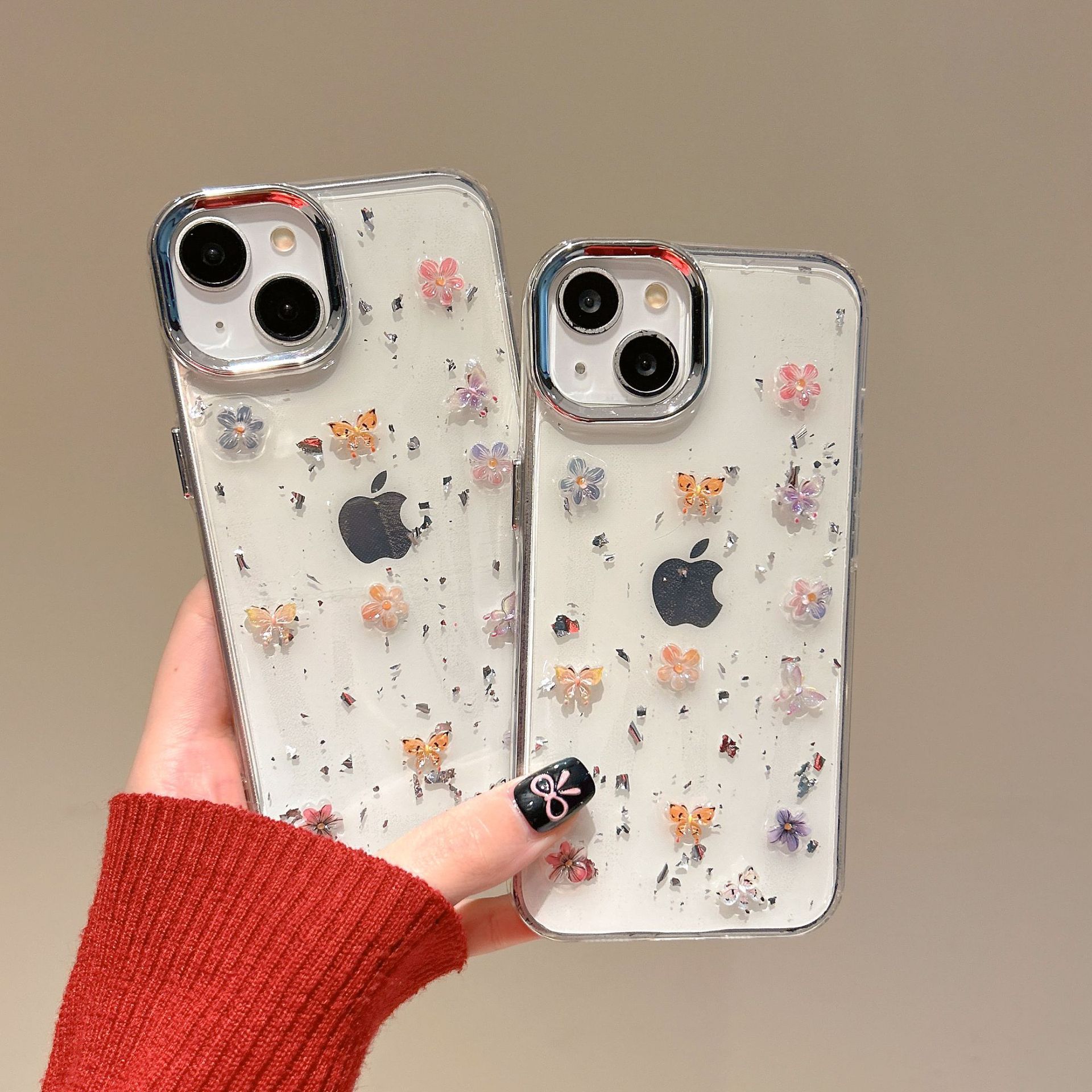 蝴蝶花朵苹果17pro银箔滴胶手机壳适用于苹果16pm新款防摔iphone