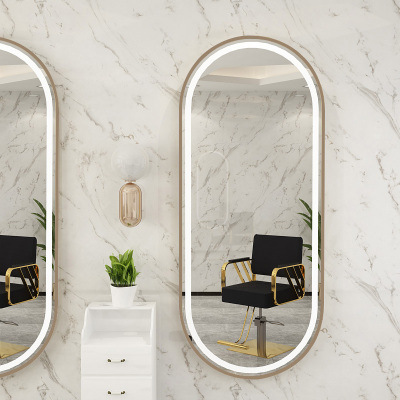 Barbería espejo salón de pelo especial montado en la pared espejo de un solo lado piso con luz inteligente espejo led