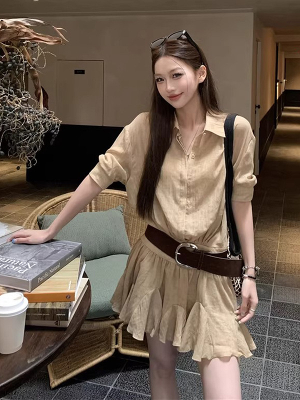 辣妹风感短袖衬衫连衣裙女2025夏新款polo领小众A字百褶短裙|undefined