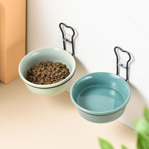 Hanging cat bowl, pet cat fixed basin, rice bowl, anti-tip rack, bowl rack, ceramic tall bowl, food bowl, drinking bowl