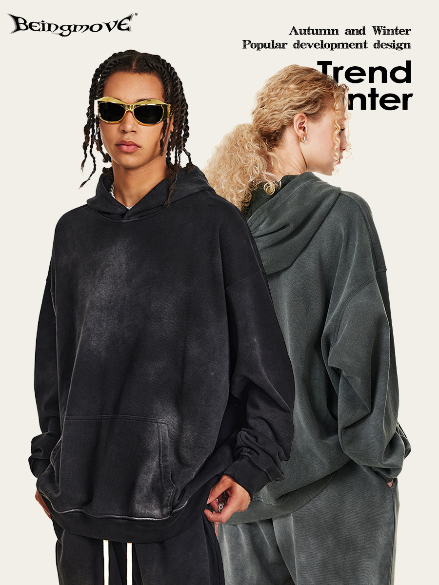 2025 otoño negro de moda americana hacer vieja chaqueta encapuchada suelta de moda para hombres y mujeres lavados con agua chaqueta con capuchona