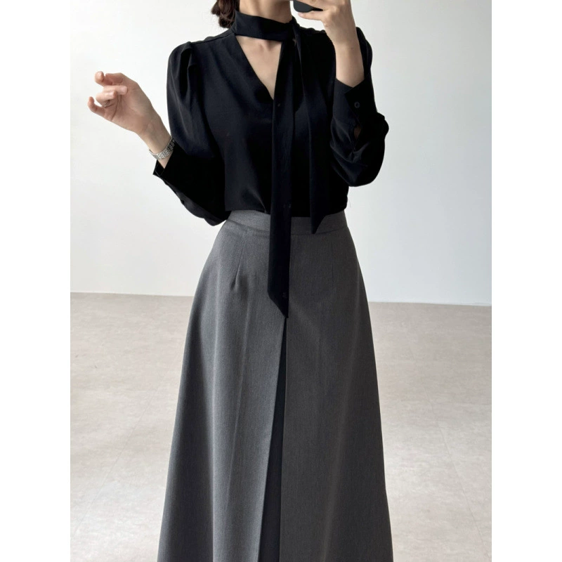 Корейский chic французский темперамент V-образный блузок с высокой талией