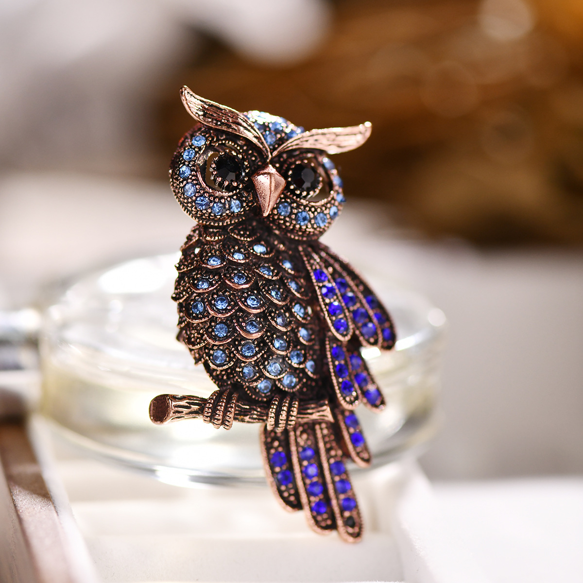 Korean Style High-end Diamond Blue Owl Brooch Full Diamond Y Women's Clothing Pin Vintage Animal Accessories