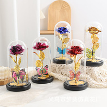 跨境金箔灯罩金箔蝶玫创意摆件玫瑰花小夜灯批发玻璃永生花仿真花