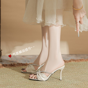2025 New Summer High-Heeled Sandals Large Size Plus Fat and Widened Shallow Mouth Women's Shoes Black Simple Rhinestone Slip-On